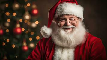 ai generado sonriente Papa Noel claus con regalo cajas en festivo Navidad ropa foto