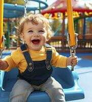 AI generated Cute and Happy Childhood in Play on the Playground Swing. photo