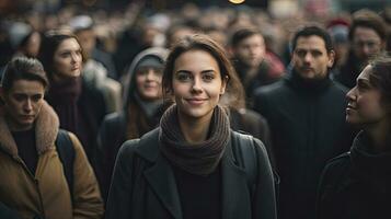 AI generated Large crowd of commuters walking through the streets photo