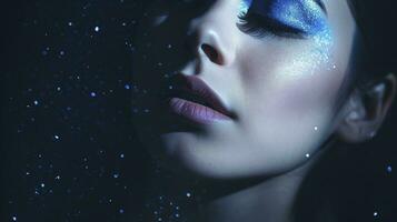 AI generated Close-Up Portrait of a Woman in Blue Iridescent Hues, Embracing Dark Romantic Style with Glitter and Bokeh Elements. photo