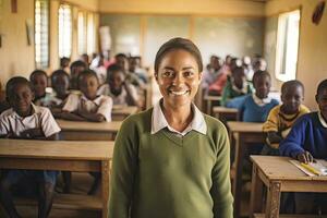 AI generated Happy teacher with pupils in classroom photo