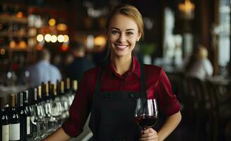 ai generado sonriente mujer es servicio vino en un restaurante foto