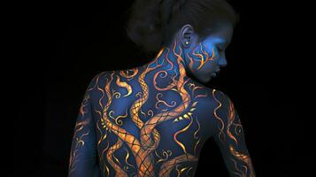 AI generated A Girl Captured in a Photo, Displaying Vibrant Colored Luminous Tattoos on Her Back photo