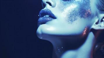 AI generated Close-Up Portrait of a Woman in Blue Iridescent Hues, Embracing Dark Romantic Style with Glitter and Bokeh Elements. photo