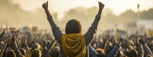 AI generated Back view of a Woman raises hands protesting for her rights photo