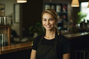 AI generated Female waitress in black apron standing in shop photo