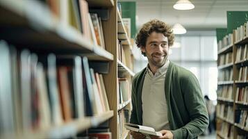 AI generated Young man standing in library interior photo