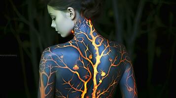 AI generated A Girl Captured in a Photo, Displaying Vibrant Colored Luminous Tattoos on Her Back photo