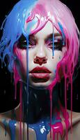 AI generated A Girl with Pink Hair Elegantly Adorns Her Face with Blue Paint, Embodied in the Style of Fashion Illustration. Featuring Vivid Cyan and Black Tones with Dripping Paint Accents photo