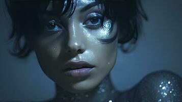 AI generated Close-Up Portrait of a Woman in Blue Iridescent Hues, Embracing Dark Romantic Style with Glitter and Bokeh Elements. photo