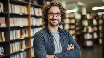 AI generated Teacher standing in library interior photo