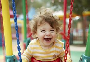 ai generado linda y contento infancia en jugar en el patio de recreo balancearse. foto