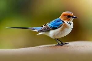 ai generado un pequeño pájaro con un azul y blanco cabeza foto