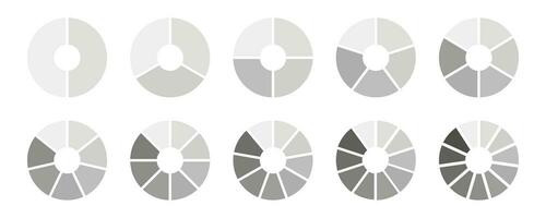 circulo división en igual partes. rueda dividido diagramas con dos, tres, cuatro, cinco, seis, Siete, ocho, nueve, diez, once segmentos infografía monocromo colocar. entrenamiento sencillo espacios en blanco. vector modelo.