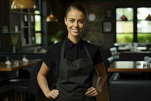 AI generated Female waitress in black apron standing in shop photo