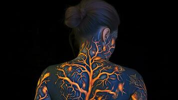 AI generated A Girl Captured in a Photo, Displaying Vibrant Colored Luminous Tattoos on Her Back photo