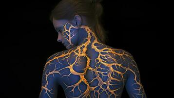 AI generated A Girl Captured in a Photo, Displaying Vibrant Colored Luminous Tattoos on Her Back photo