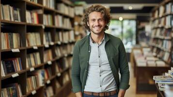 AI generated Teacher standing in library interior photo