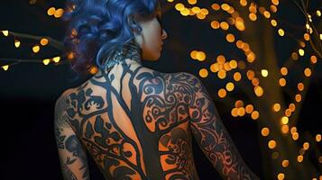 ai generado un niña capturado en un foto, mostrando vibrante de colores luminoso tatuajes en su espalda foto