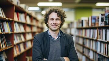 ai generado joven hombre en pie en biblioteca interior foto