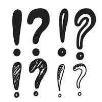 Image of exlcamation mark icon and question mark icon in doodle style on white background. vector