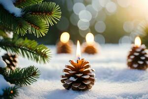 AI generated a pine cone with a lit candle in the snow photo