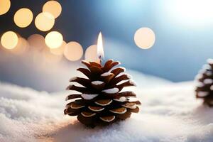 AI generated a pine cone with a lit candle in the snow photo