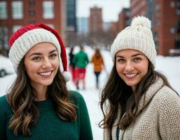 AI generated photo of beautiful woman with blonde hair and beanie hat with happy feeling during winter season, generative AI