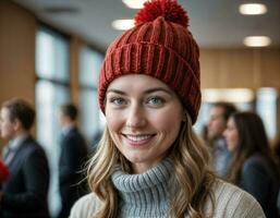 AI generated photo of beautiful woman with blonde hair and beanie hat with happy feeling during winter season, generative AI