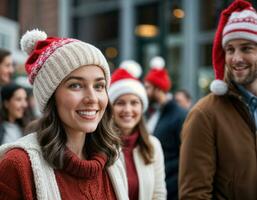 ai generado foto de hermosa mujer con rubia pelo y gorro sombrero con contento sensación durante invierno estación, generativo ai