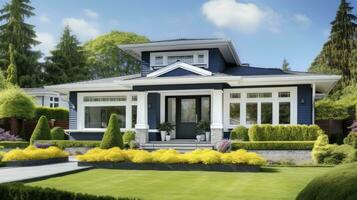 AI generated Modern house with beautiful lawn in natural environment photo