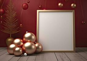 AI generated Christmas composition black frame and christmas tree golden balls on wood background photo