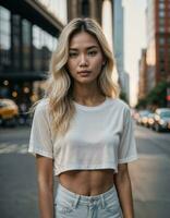 AI generated photo of beautiful asian woman with blonde hair and tank top standing at pavement street, generative AI