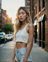 AI generated photo of beautiful asian woman with blonde hair and tank top standing at pavement street, generative AI