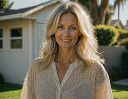 AI generated photo of beautiful woman with blonde hair as a housewife standing in front of her house, generative AI