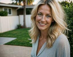 AI generated photo of beautiful woman with blonde hair as a housewife standing in front of her house, generative AI