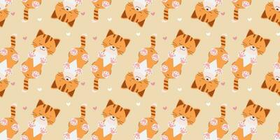 Seamless pattern cute ginger kitten sleeping on light yellow background vector