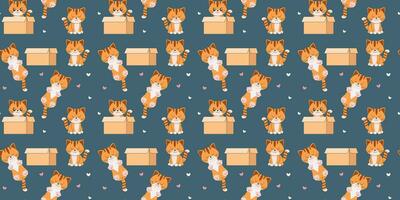 Seamless pattern cute ginger kitten sleeping sitting in a box and sleeping vector