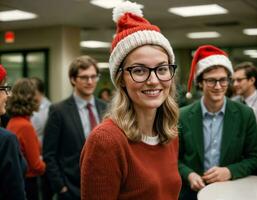 AI generated photo of beautiful woman with blonde hair and glasses and beanie hat office room, generative AI