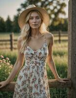 AI generated photo of beautiful woman with blonde hair and print dress and cowboy hat standing at local farm pathway, generative AI