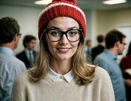 AI generated photo of beautiful woman with blonde hair and glasses and beanie hat office room, generative AI