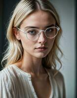 AI generated photo of beautiful woman with blonde hair and glasses standing at pavement street city, generative AI