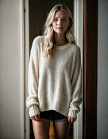 AI generated photo of beautiful woman with blonde hair and sweater standing in front of room door, generative AI