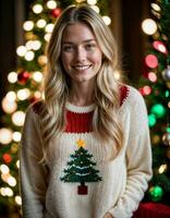 AI generated photo of beautiful woman with blonde hair in sweater standing in front of christmas tree , generative AI