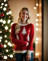 AI generated photo of beautiful woman with blonde hair in sweater standing in front of christmas tree , generative AI