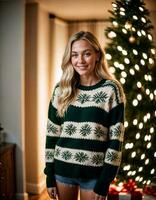 AI generated photo of beautiful woman with blonde hair in sweater standing in front of christmas tree , generative AI