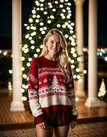 AI generated photo of beautiful woman with blonde hair in sweater standing in front of christmas tree , generative AI