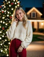 AI generated photo of beautiful woman with blonde hair in sweater standing in front of christmas tree , generative AI