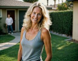 AI generated photo of beautiful woman with blonde hair as a housewife standing in front of her house, generative AI