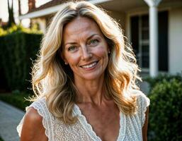 AI generated photo of beautiful woman with blonde hair as a housewife standing in front of her house, generative AI